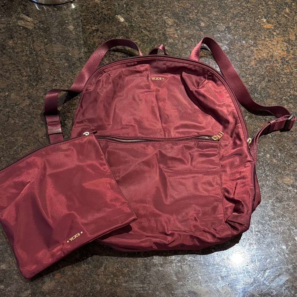 Tumi Burgundy Nylon Backpack with Matching Pouch